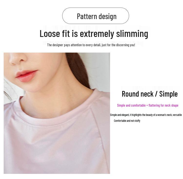 2022 Women's Plus Size Loose Short Sleeve Yoga Fitness Top - Solid Color, Round Neck