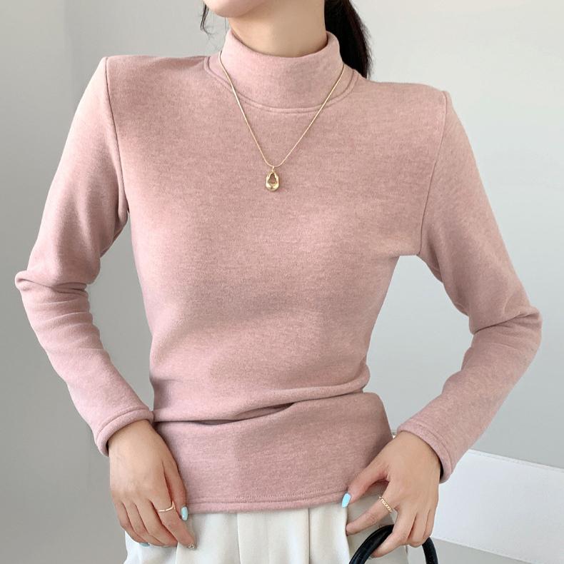 Turtleneck Pullover for Women In Autumn and Winter Fitted Top Thick and Warm Long-sleeved Top with Added Fleece