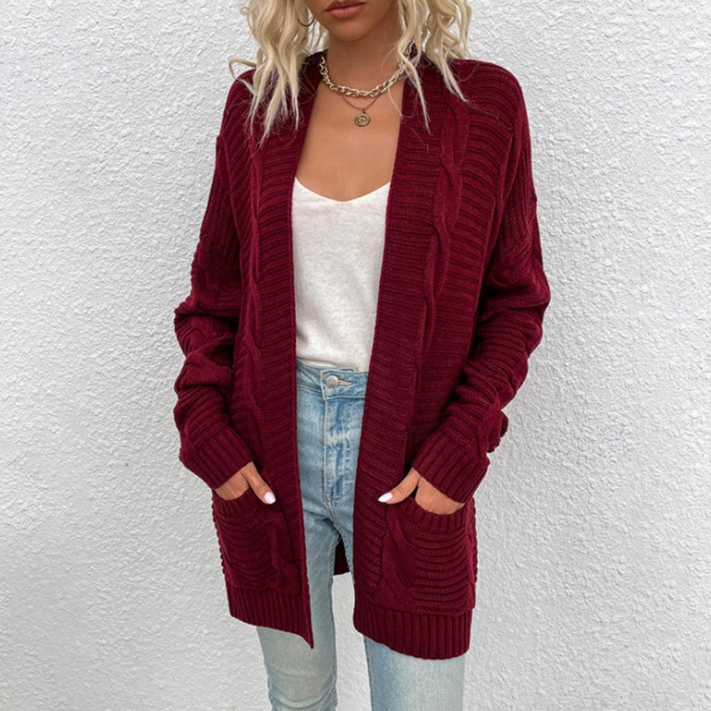 Fashionable Women's Knitted Cable Cardigan Sweater Mid-length Twisted Rope Cardigan Coat