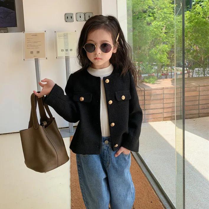 Girls Spring and Autumn Round Neck Single-breasted Blouse Casual Solid Color Middle and Large Children Jacket
