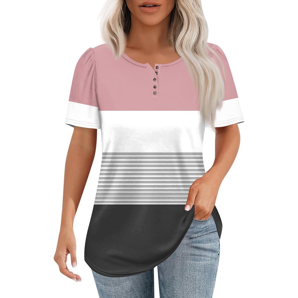 Top Pullover da Donna alla Moda Casual a Maniche Corte con Stampa a Bottoni e Girocollo