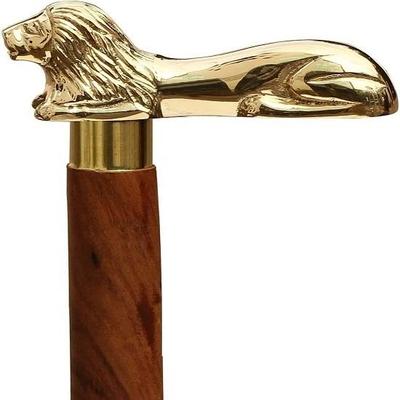 Bastón de madera marrón Acabado dorado León Mango de latón Bastón Aspecto vintage Decorativo