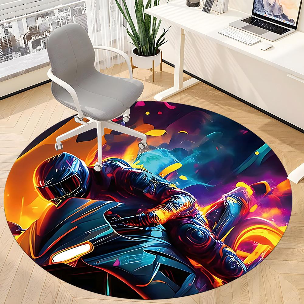 1pc Motorcycle Rider Office Round Area Rug, Indoor Mat Suitable ForOffice, Under Office Chairs Bedroom Living Room Home Decor, Room Deco T129