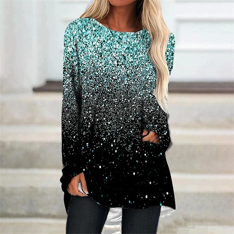 Plus Size Women Spring Glitter Printed Comfy Long Sleeve Round Collar T-shirt Casual Baggy Mid Length Tee Tops
