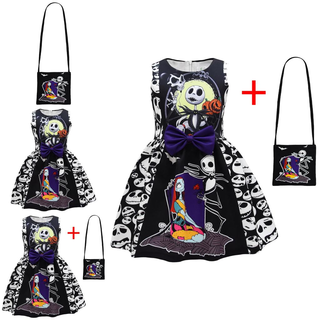 The Nightmare Before Christmas Halloween Girl Dress With Cartoon Pattern And Accessories For Kids