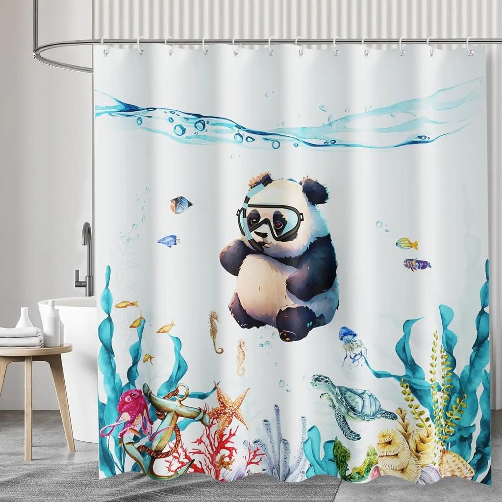 Panda Bamboo Shower Curtain, Cartoon Funny Cute Blue Sky Rainbow Kids Bamboo Forest Animals Birds, Bathroom Decorative Fabrics