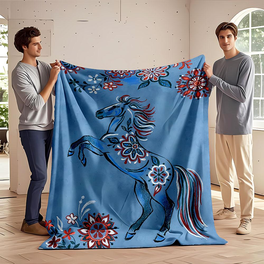 Floral Horse on Blue Blanket for all seasons blanket lunch break throw gift