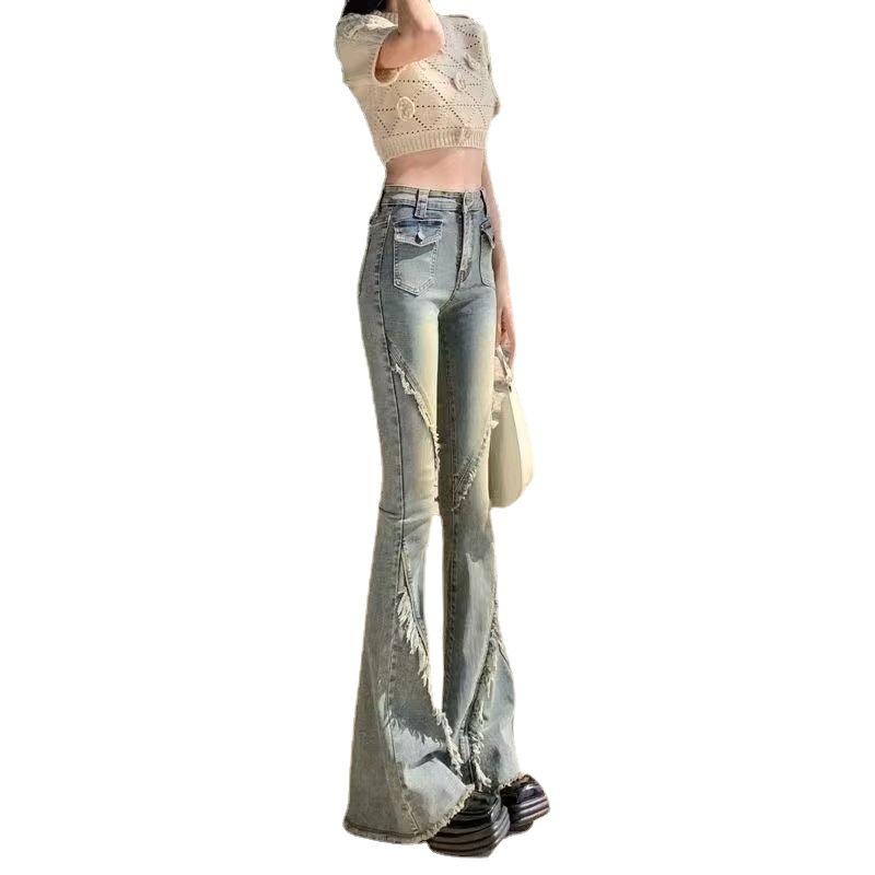 Raw Edge Micro Flare Jeans Spring and Autumn Women's Jeans Plus Size Vintage Flared Pants