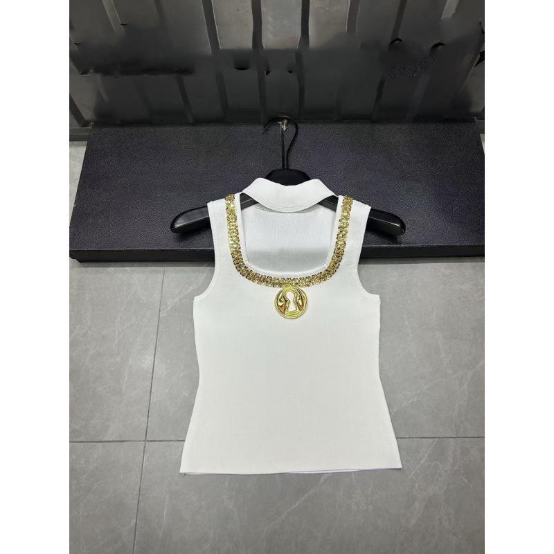 European Style Knit Halter Neck Vest with Metal Accessories - Slimming, Short, and Versatile