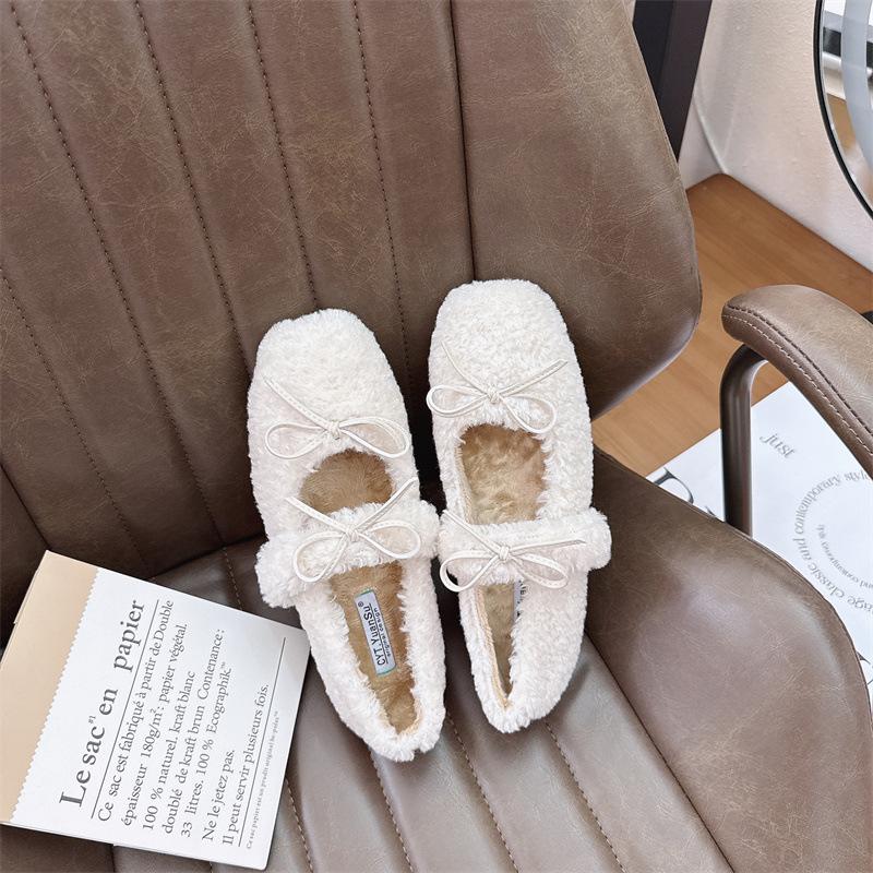 2025 New Round Head Bow with Velvet Soft-soled Ballet with Skirt Women's Single Shoes