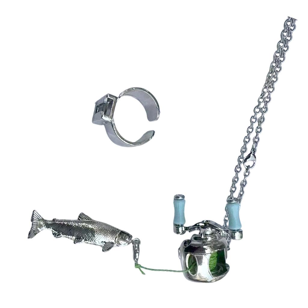 Wearable Fishing Passion Necklace Ring Miniature Reel Charm Rotation Experience Gift for Father's Day or Anniversaries