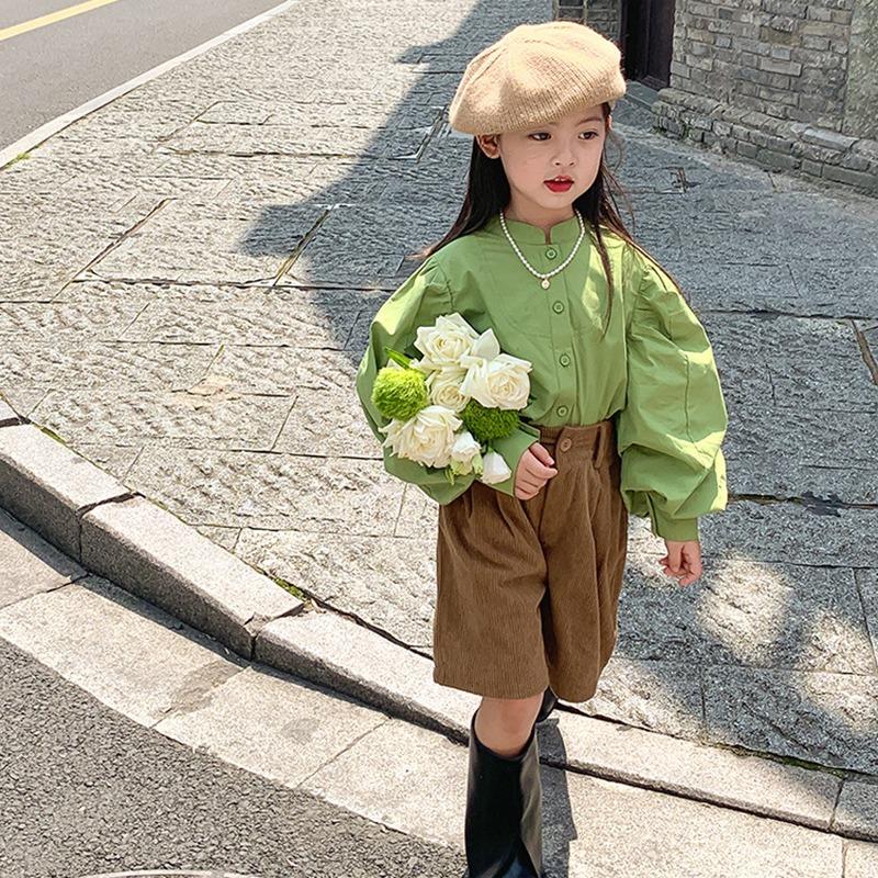 Kids Girls' Crew Neck Long Sleeves Shirt Single-breasted Puff Sleeves Basic Top