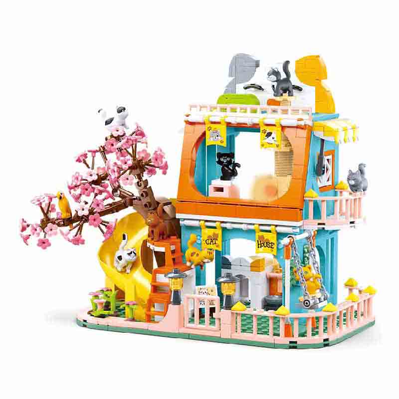 Non-Toxic City Cat Hotel Sets Children A-Frame Pet House Apartment Garden Villa Sakura Tree Building Blocks Friends Animal Toy Kid Gifts