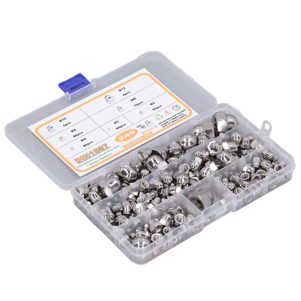 249Pcs Acorn Hex Cap Nuts Assortment Kit M3?M12 DIN1587 304 Stainless Steel Bright Finish