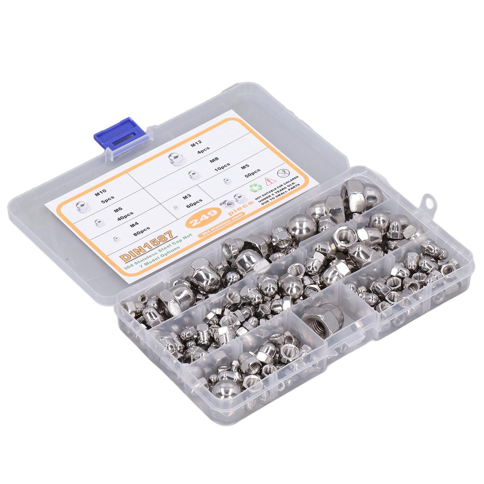 

249Pcs Acorn Hex Cap Nuts Assortment Kit M3M12 DIN1587 304 Stainless Steel Bright Finish