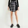 Women Mini Skirt Checkered Print Contrasting Color Pleated Skirt High Waist Metal Chains Belts Decoration Irregular
