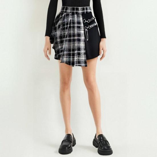 Women Mini Skirt Checkered Print Contrasting Color Pleated Skirt High Waist Metal Chains Belts Decoration Irregular Skirt