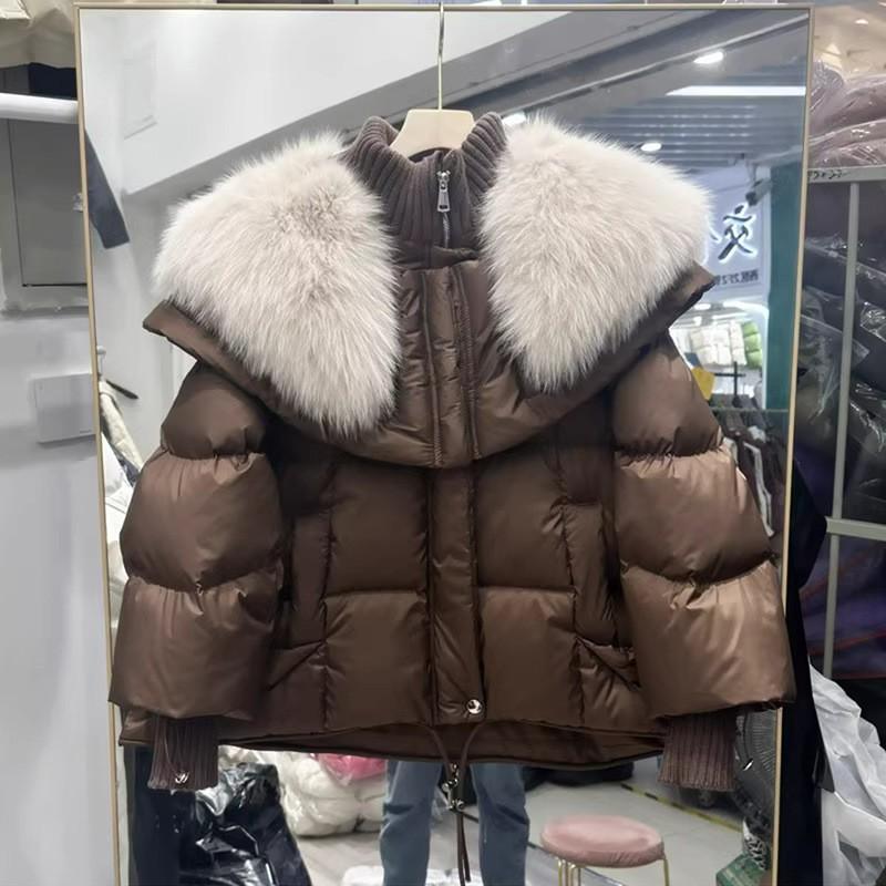 Womens Short Puffer Coat With Faux Fur Collar Loose Fit Thick Duck Down Winter Jacket Cold Weather