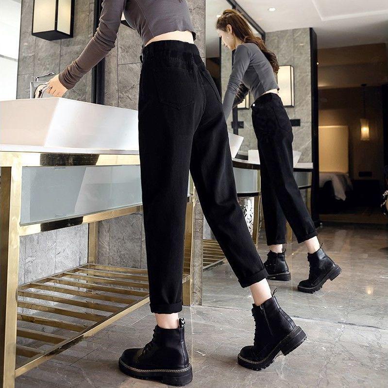 2025 Winter Black Velvet Thickened High-Waist Slimming Loose Harem Jeans for Petite Women