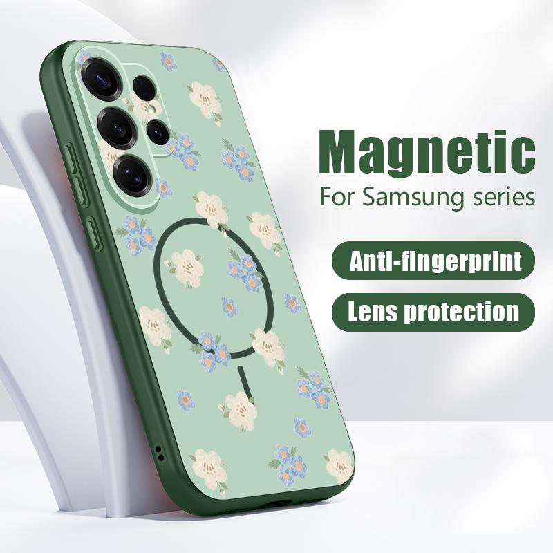 Magnetic For Magsafe Case For Samsung Galaxy S26 Ultra S25 Edge S24 Plus S23 FE S22 A54 A55 A56 5G Blue Flowers Pattern Matte Cover