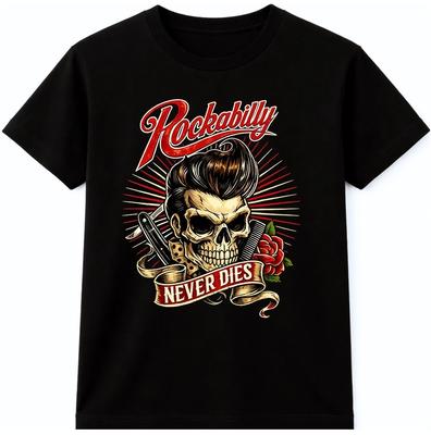 Rockabilly Never Dies Totenkopf T-Shirt Vintage Retro Rock and Roll Grafik-T-Shirt