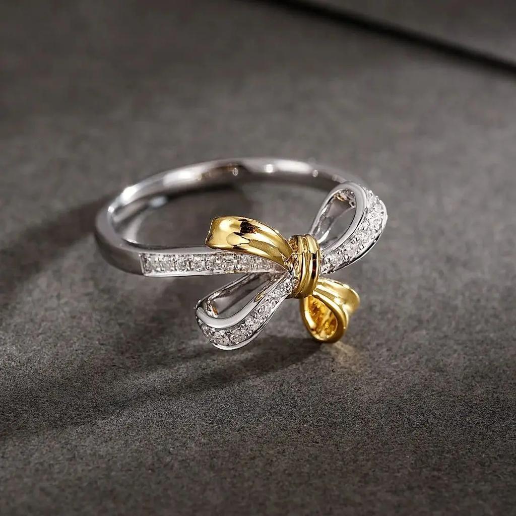 Classic 925 Silver Plated Bow Ring for Women's Fashion Anniversary Gift Pink Minimalist Butterfly Jewelry Party Jewelry