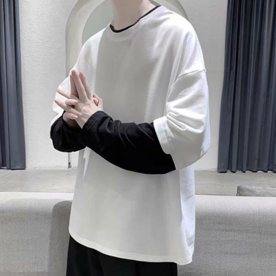 Men T-shirt Fake Two Pieces Long Sleeves O Neck Contrast Color Sweatshirt Warm Casual Plus Size Soft Hip Hop Men Top for School
