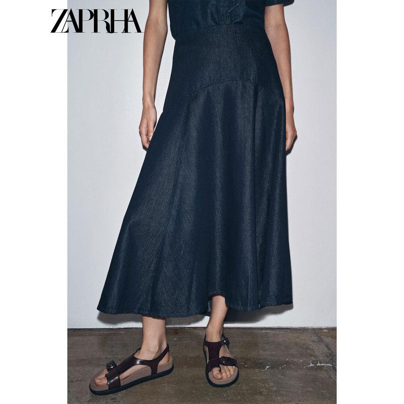 Zaprha 2025 Autumn New A Word Decorative Layer Wide Hem Mid Waist Denim Midi Skirt 9863244