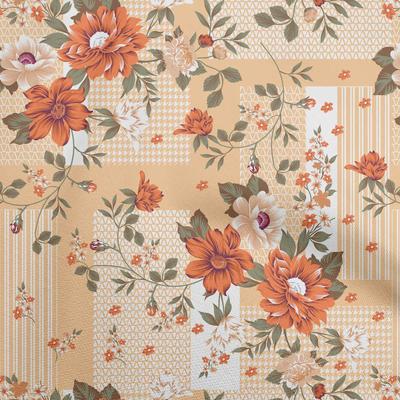 Tecido de Algodão com Elastano Bege Escuro Floral Asiático com Textura Geométrica Projetos de Costura Artesanato Estampas de Tecido Por Metro 40 Polegadas