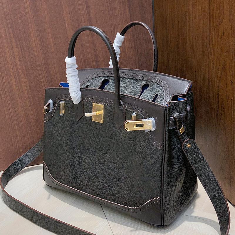 Haute Couture Version European and American Retro Handmade Fubao Leather Splicing Lace Platinum Bag Leather Handbag Shoulder Messenger Bag Women