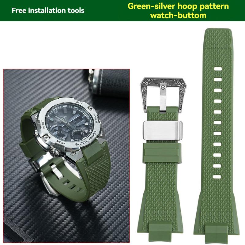 for Casio GST-B400 Series Rubber Waterproof Sports Strap Steel Heart Upgraded Steel Ring Pattern Buckle Strap