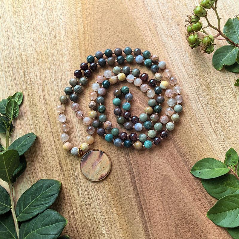 Red Rabbit Hair Quartz,Garnet,Indian Onyx Mala,Flower Onyx Pendant,JapaMala,108 Knotted Beads Meditation Necklace,Yoga Gift