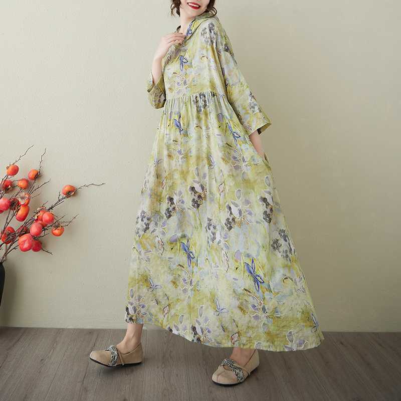 Retro Niche Gentle Wind Yarn Cotton Linen Printed Dress