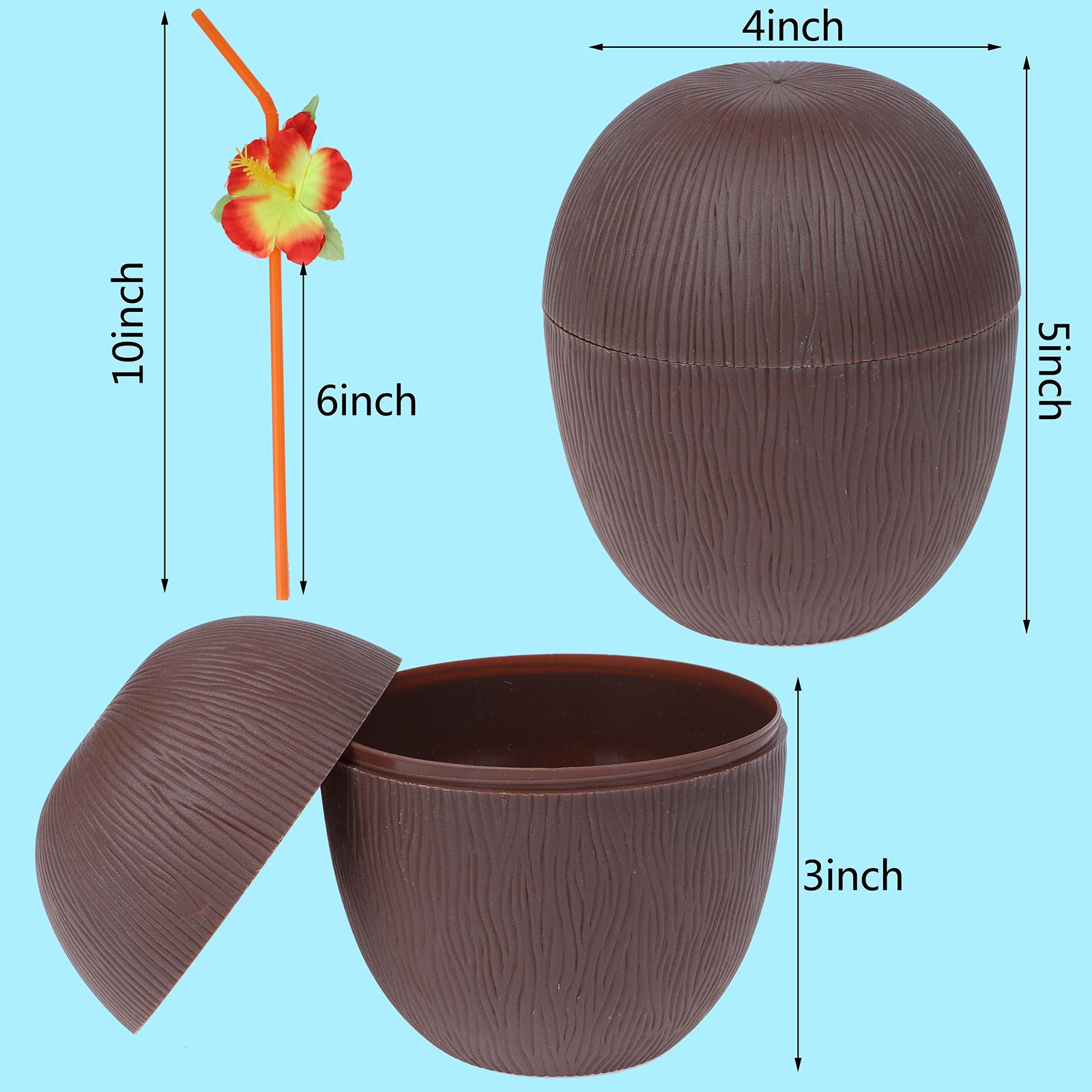 

6 Pack Plastic Coconut Cup For Hawaiian Luau Party With Hibiscus Flower Straws one чорний