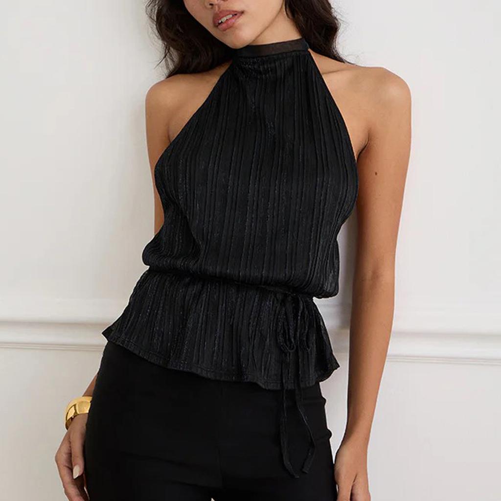 Sexy striped new sleeveless hollow straps backless and thin European and American irregular neck, top