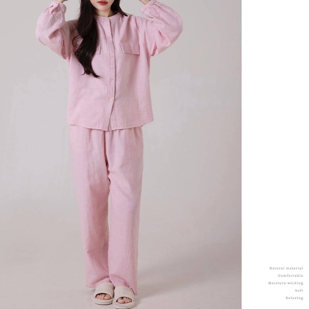 Yes Family Double Gauze Pajama Long Front Light XL Women's Set, 100% Cotton, Sleeves, Opening, Loungewear, Pink,
