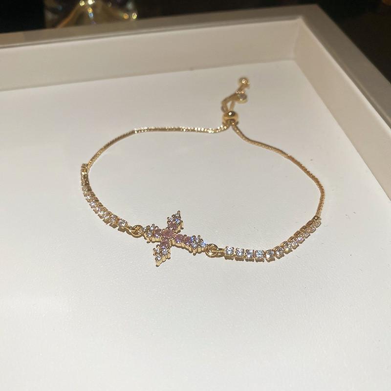 

Cross Charm Adjustable Bracelet With Cubic Zirconia For Stylish Womens Accessories Gold Pink