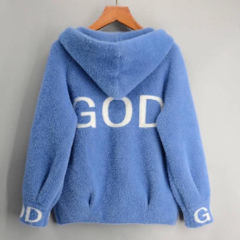 Dámská krátká volná bunda s kapucí - Zimní zlatý kardigan z imitace norkové fleecové podšívky pro jaro/podzim