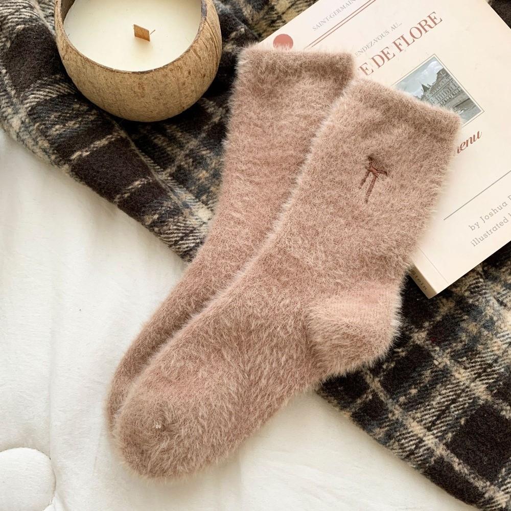 

Bowknot Sleep Socks Warm Furry Plush Socks Autumn Winter Floor Socks Women