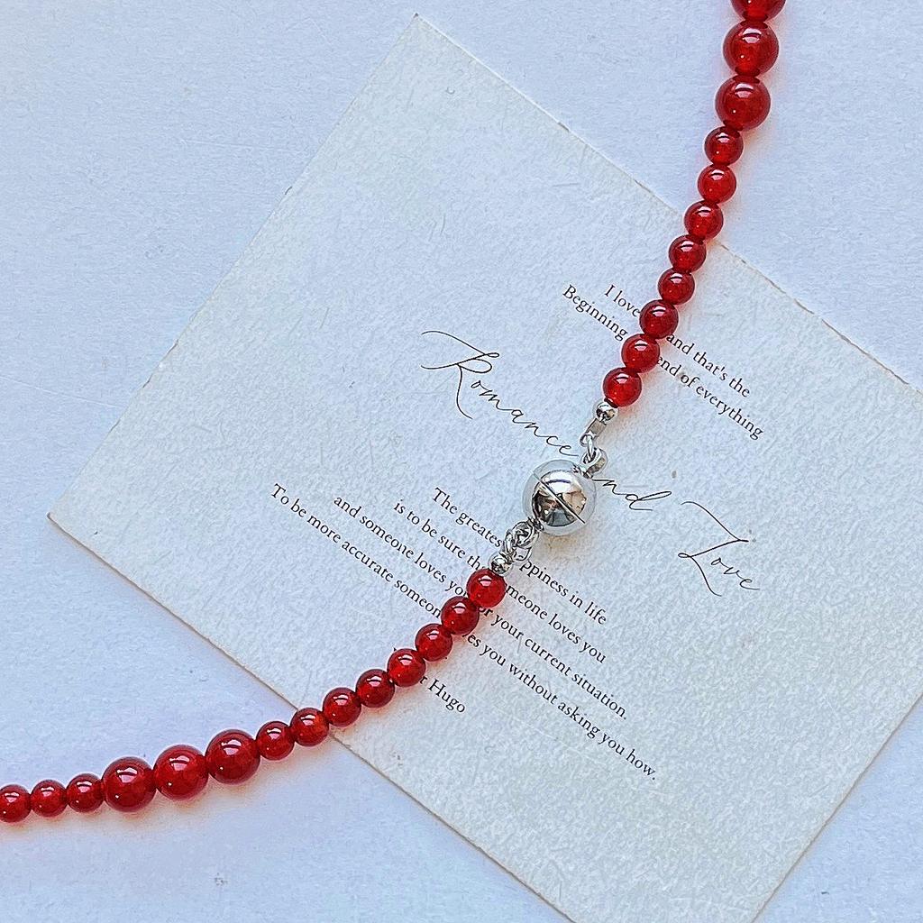 Retro National Style Natural Pink Crystal Contrasting Color Blue Quartzite Jade Natural White Crystal Necklace Neck Chain Lock