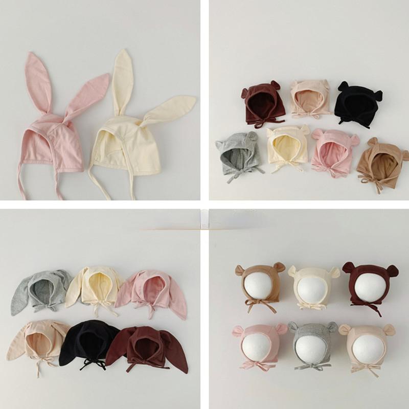 Korean Cute Cartoon Bunny Bear Ear Newborn Hat Beanie Spring Autumn Toddler Cap Turban with Strap for Infant Baby Boys Girls