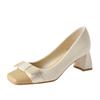 Xiaoxiangfeng retro splicing small bow color matching square head thick heel single shoes women's high heel versatile spring and autumn