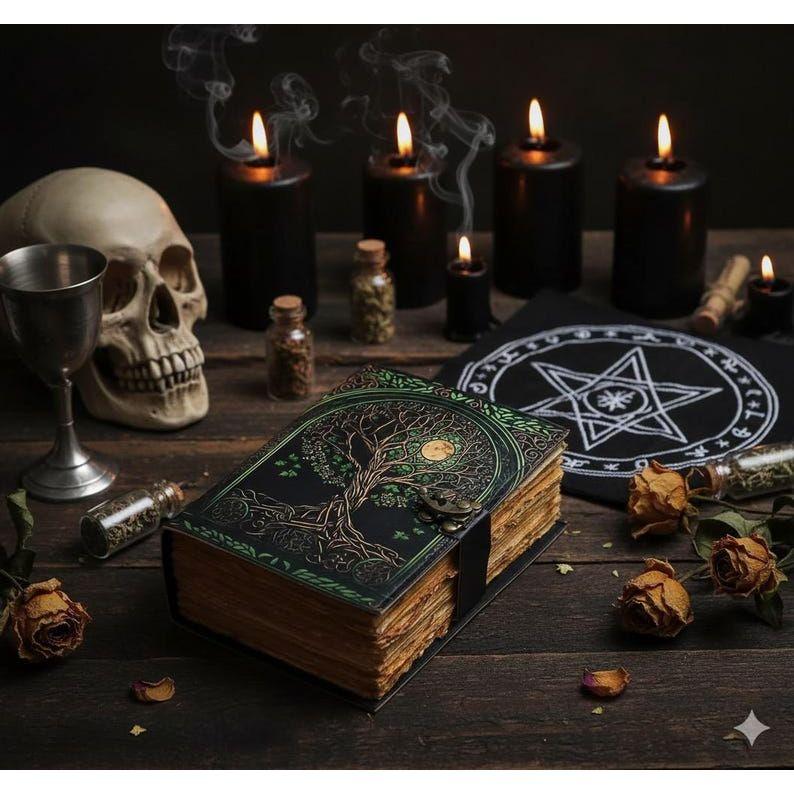 Tree of Life Grimoire – Leather Book of Shadows with Moon Phases | Handmade Witchcraft Spell Book | Celestial Journal for Gifts