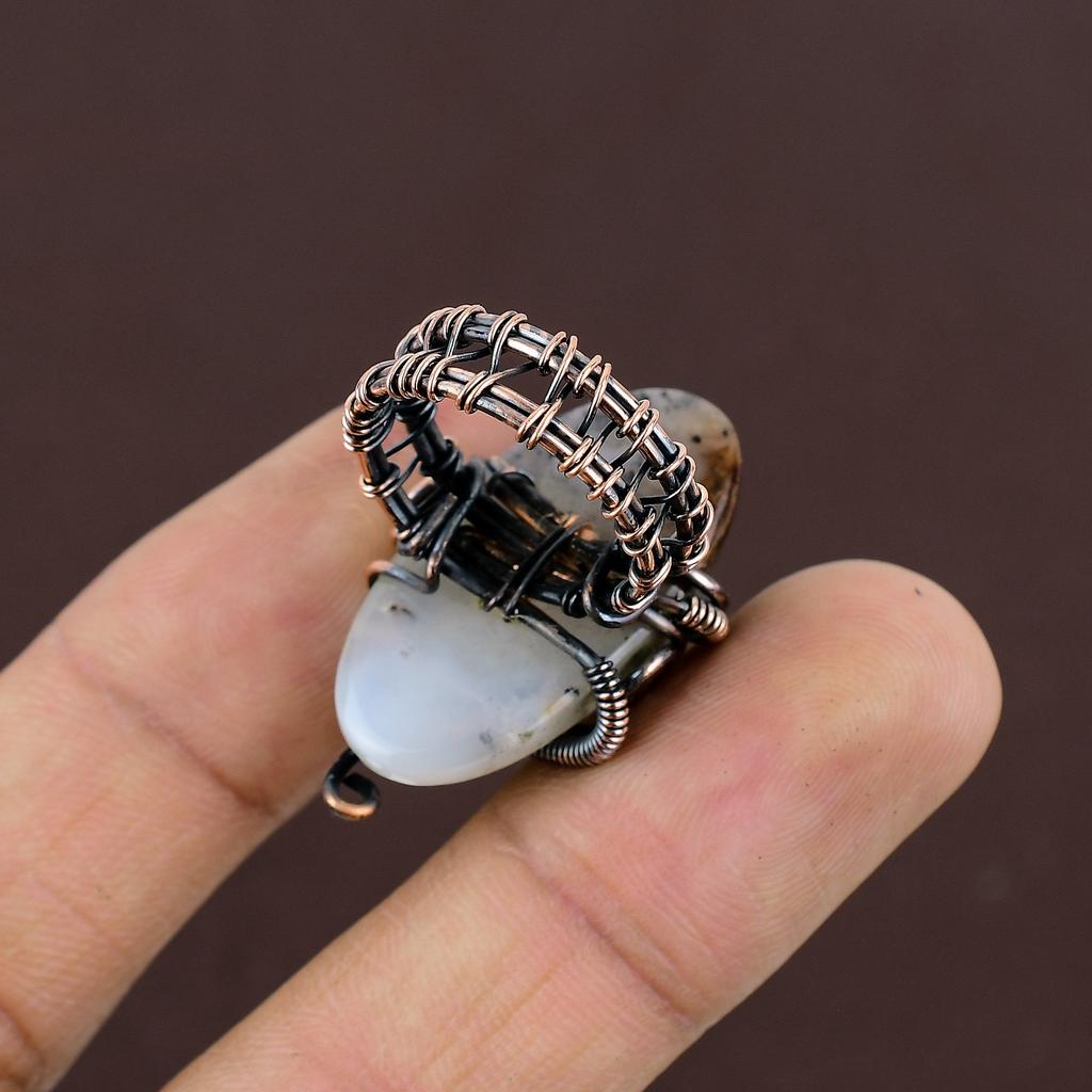 Natural Dendrite Opal Gemstone Handmade Copper Wire Wrap Ring Size 6 t5P46