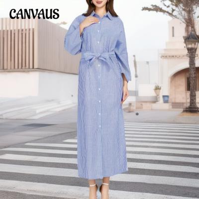 Φόρεμα Γυναικείο Ανοιξιάτικο και Φθινοπωρινό Μεγάλο Μέγεθος Ριγέ Ίσια Φούστα Ζώνη Φόρεμα Πουκάμισο Φαρδύ Μανίκι Τρία Τέταρτα Φορέματα