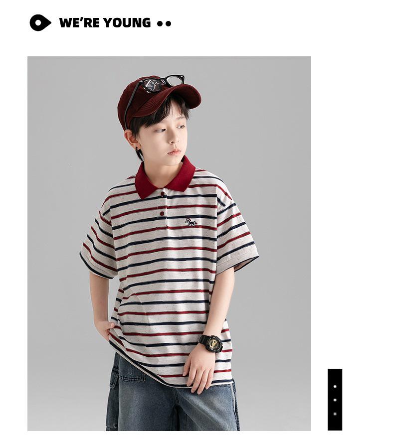 Boys' Striped Short-Sleeve Polo Shirt - Casual, Trendy Korean Style for Middle and Older Children