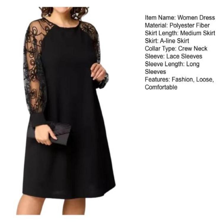 Summer Casual Lace Patchwork Dress Women Crew Neck Long Sleeve Loose A-line Midi Dress for Daily Vacation