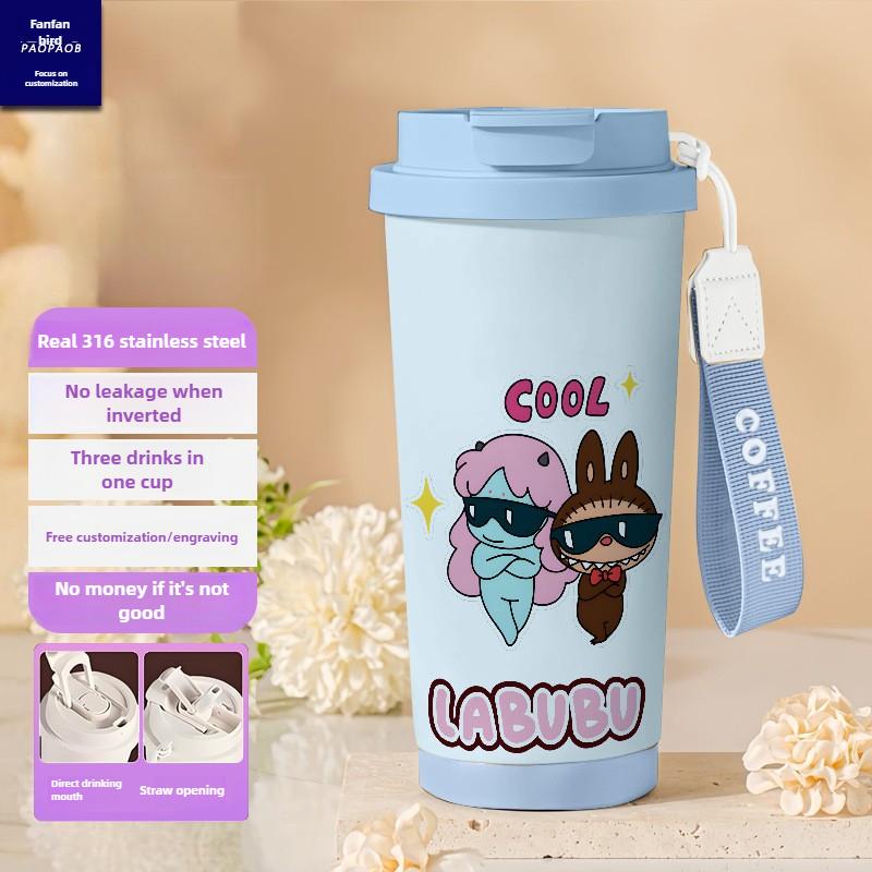 Tecknad Rostfri Stålkopp Högvärdig Termosmugg 3D Dubbel Drickstrå Kaffekopp