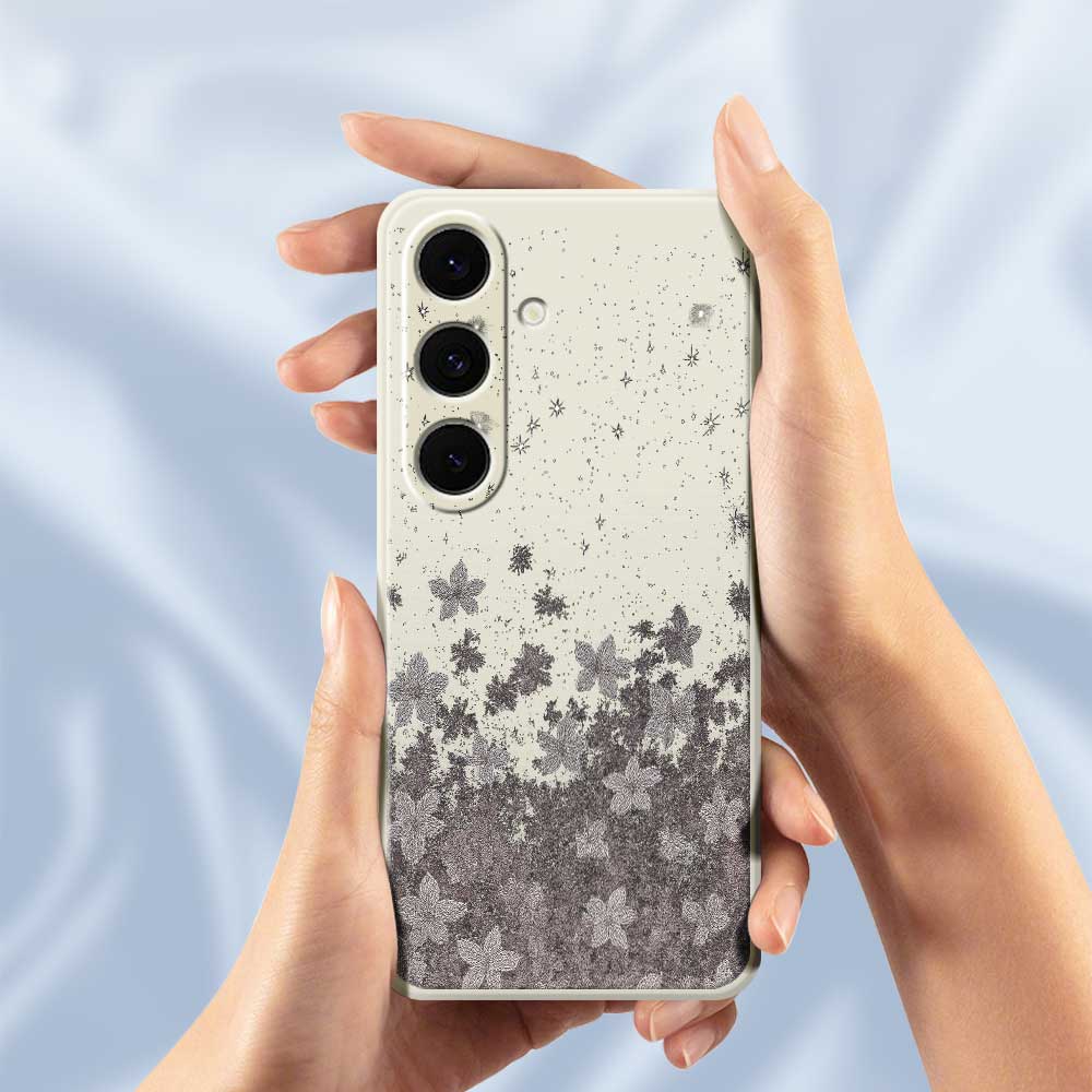 For Samsung Galaxy S25+ Case Grey Flowers Pattern Printing Straight Edge TPU Phone Back Cover