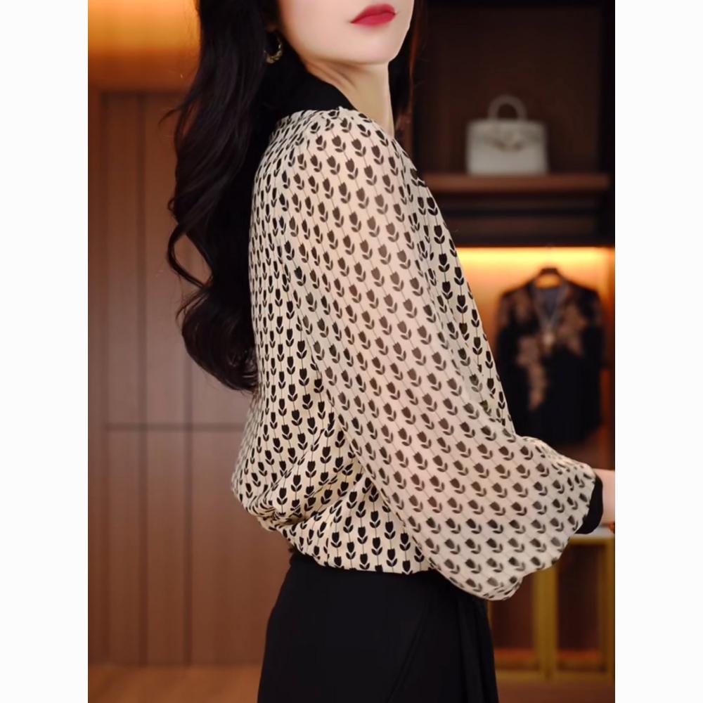 Cămașă cu rever temperamentală, florală, nouă modă de primăvară, cămașă versatilă cu mânecă lungă, patchwork, pentru femei, pentru a reduce vârsta și a arăta mai slab